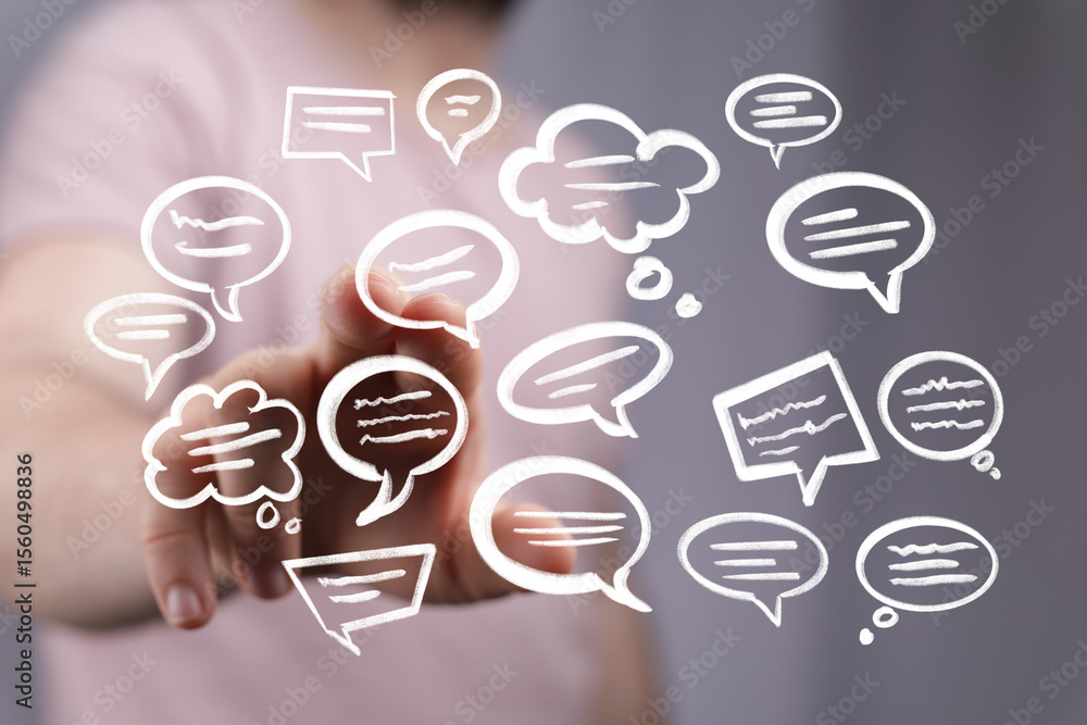 Poster abstract image of speech bubbles representing communication, conversation, and social media.