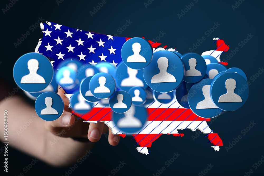 Poster Visual representation of US citizen data network.  Ideal for articles on demographics, connectivity, and data security.