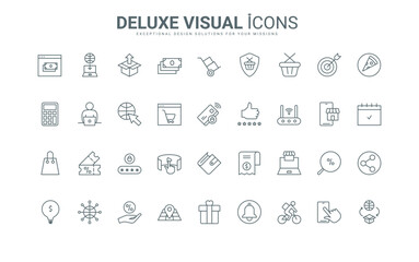 Discount offer and coupons to buy gifts, payment and tracking with smartphone, wallet thin black and red outline symbols, vector illustration. Online sales in shop and delivery line icons set