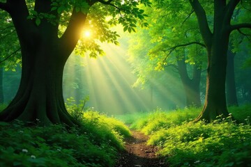 Sun-Dappled Forest Peace Tranquil Nature Scene Evoking Serenity, Security, and Quietude. Ideal for Relaxation, Wellness, and Nature-Inspired Designs.