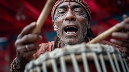 A traditional drummer passionately performing dhak amidst red drapery during Durga Puja