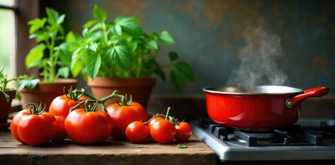 Homegrown Tomatoes Simmering Rustic Mediterranean Still Life of Ripe Tomatoes, Plants, and Homemade Sauce on a Stovetop