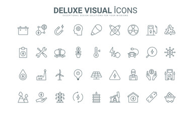 Symbols of industry supply to care for and save nature, alternative sustainable resources thin black and red outline vector illustration. Energy, power and electricity production line icons set