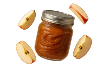 Apple butter in jar and apple slices isolated on transparent background