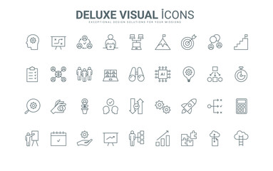 Search process for idea and agreement, options for success and growth thin black and red outline symbols, vector illustration. Business productivity of effective employee and team line icons set