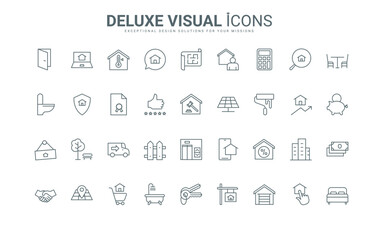 Purchase and rental, search of commercial and residential area and buildings, thin black and red symbols vector illustration. Real estate, office and home apartment, garage property line icons set