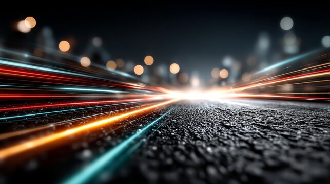 A vibrant display of multicolored neon light trails converging intensely on a dark cosmic background