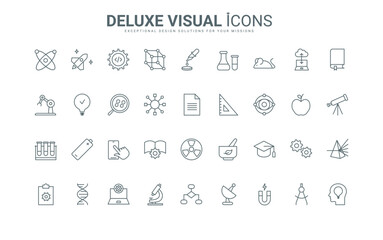 Outline symbols of scientific study of chemistry and physics, biotechnology and medical experiment in laboratory by scientist. Science research thin black and red line icons set vector illustration