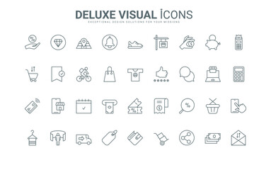 Ecommerce services, discount offer on shop sales, tracking thin black and red outline symbols, vector illustration. Purchase, payment and delivery from online store, marketplace line icons set