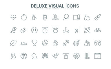 Outline symbols of sport activity and fitness workout, golf game and tennis tournament, basketball and boxing. Professional sport and hobby thin black and red line icons set vector illustration