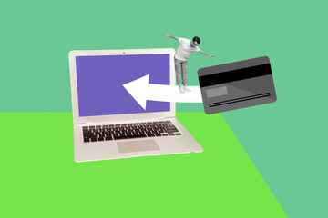 3D collage design trend artwork sketch of laptop remote online banking young man balance arrow...