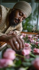 Close-up of hands delicately arranging rose petals on a portrait in a serene prayer space