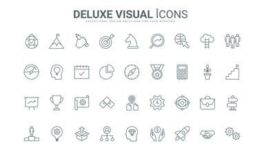 Outline business project, success strategy and creative idea symbols, support of partnership and start development of organization. Startup thin black and red line icons set vector illustration