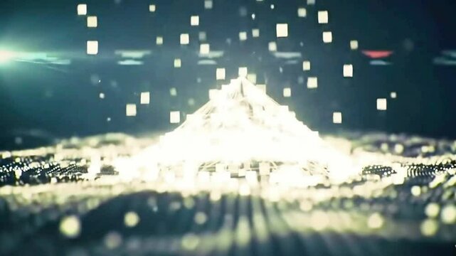 Pixel-like fragments fall and form a glowing structure with ambient glow and techy 