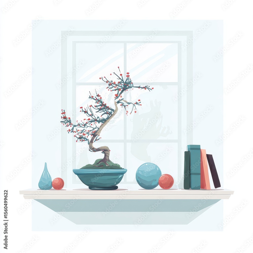 Aufkleber bonsai tree and decorative objects on a windowsill.