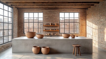 Minimalist industrial kitchen design with concrete island and rustic wooden elements