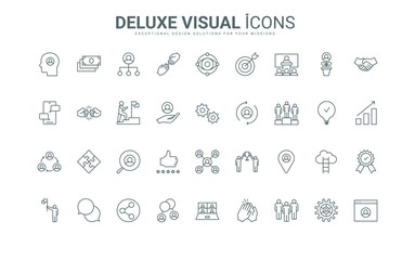 Success organization of teamwork, partnership thin black and red line icons set vector illustration. Outline symbols of human resources of company and business team, support of leader and career