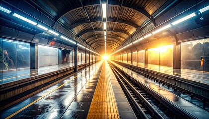 Dramatic Dawn Light Shines on a Subway Platform After a Storm