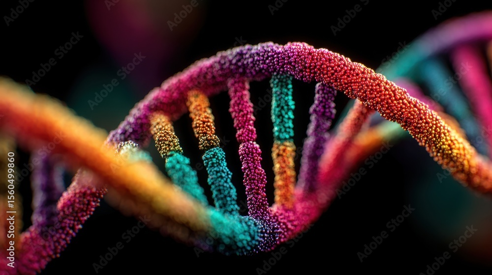 Poster detailed rendering showcases colorful and intricate dna molecule structure against dark background