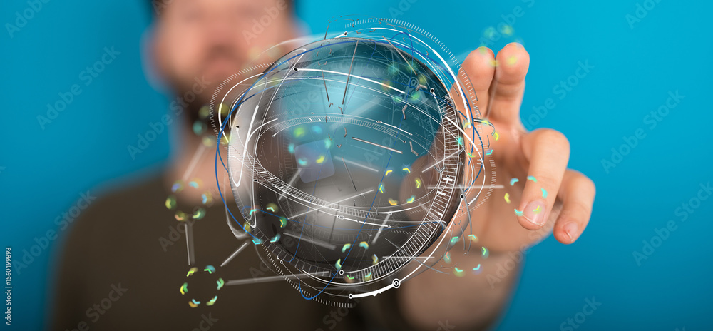 Poster person interacts with a digital globe, showcasing global network and technological innovation.