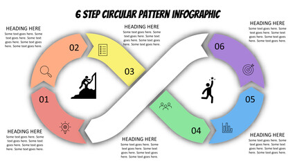 6 Step Circular Pattern infographic. Fully editable vector SVG file compatible with PowerPoint, Illustrator, and most vector-based applications.