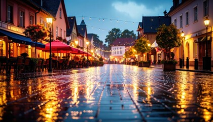 Fototapeta premium Drenched Village Square After Storm with Glowing Reflections at Dusk