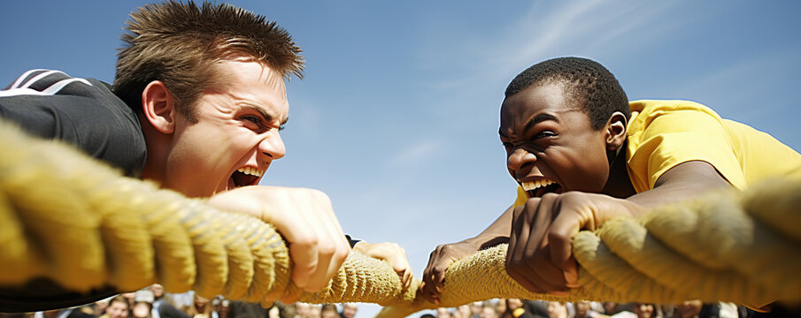 Two young boys engage in an intense rope tug-of-war during a school sports day event on a sunny afternoon