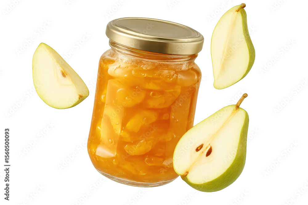 Poster pear jam in glass jar, slices of pears floating isolated on transparent backdrop