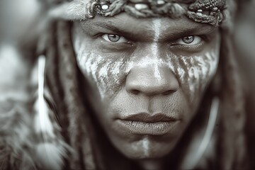 Portrait of a nomadic MechWarrior adorned with tribal face paint and clothing Black and white