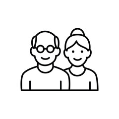 Line art icon of a smiling elderly couple. Simple and clean design.