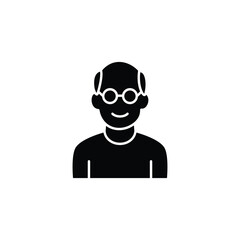 A simple black silhouette icon of a smiling elderly man wearing glasses.