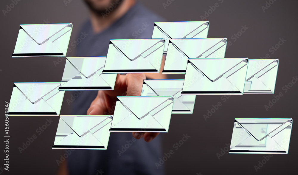 Poster image of a man interacting with a digital representation of multiple emails. concept of online commu