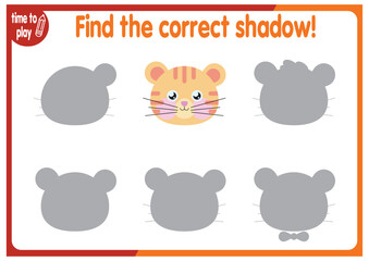 find the correct shadow shape. Kids educational puzzle. Funny little wild mammal cartoon character. Find the correct silhouette. Kids logic educational task. Vector	
