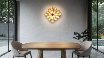 Elegant modern dining room with artistic wall light and contemporary interior design