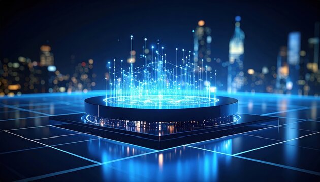 Futuristic digital platform with glowing data points against a city skyline at night