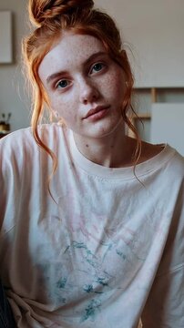 Red-haired woman in an artist's studio wearing a paint-stained oversized T-shirt and ripped jeans, sitting on the floor. A creative and raw mood captured with natural lighting, ideal for artistic, boh
