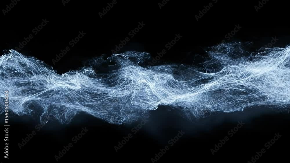 Poster blue energy wave forms flowing on black background, animation of dynamic particle field