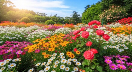 Obraz premium Vibrant Field of Colorful Blooms Under a Sunny Sky