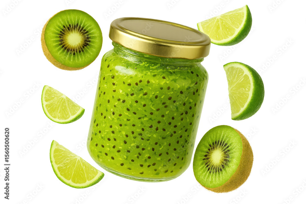 Poster kiwi and lime jam in a jar with slices isolated on a transparent background