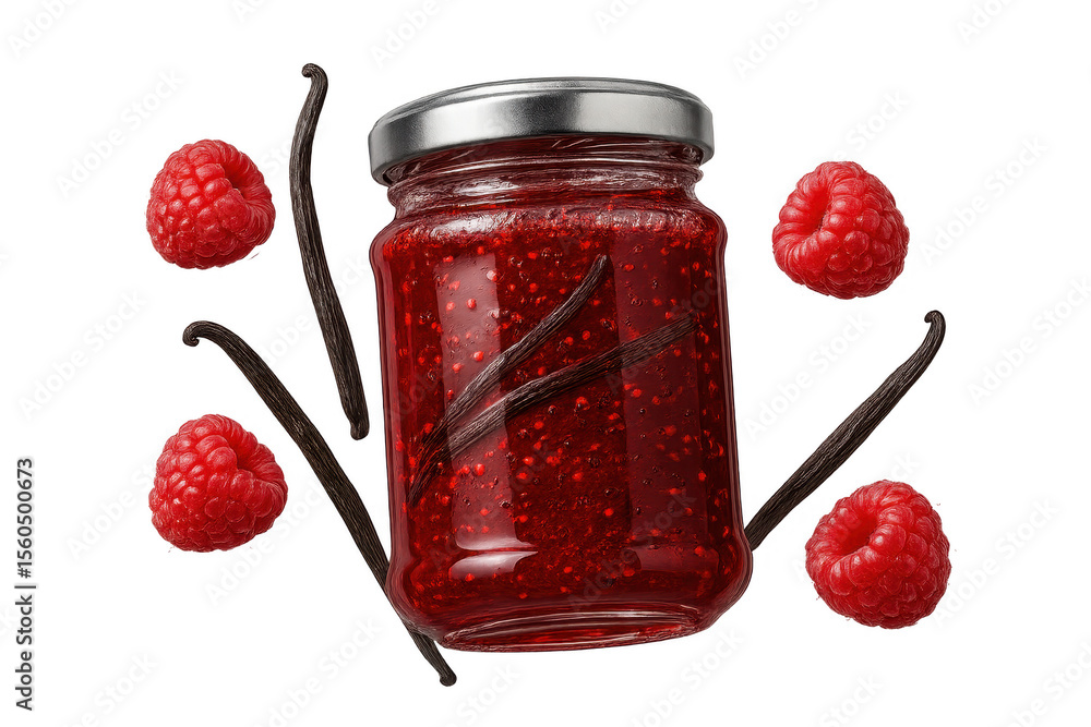 Poster raspberry jam jar with vanilla beans, isolated on transparent background image