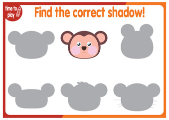 find the correct shadow shape. Kids educational puzzle. Funny little wild mammal cartoon character. Find the correct silhouette. Kids logic educational task. Vector	
