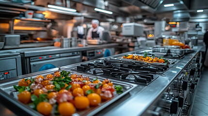Cherry tomatoes dish on stove in busy commercial kitchen