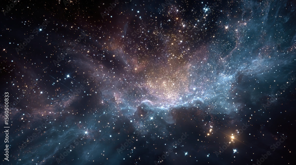 Poster Glimpse of the Milky Way and starry night sky with nebulous clouds in a beautiful atmospheric display of outer space