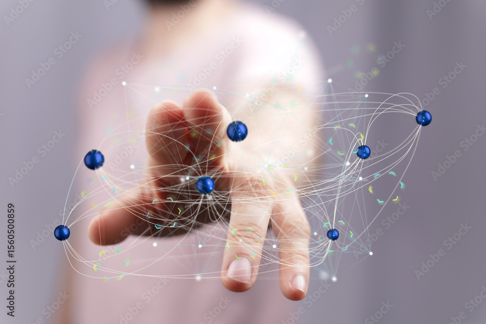 Aufkleber abstract image depicting a hand interacting with a complex network of interconnected nodes, represen