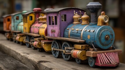 Colorful vintage toy train with passenger cars sits on a rustic wood surface viewed at eye level