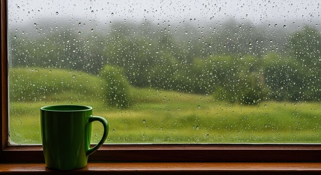 Rainy window with a comforting green mug