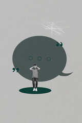 Vertical 3d poster art collage of happy girl guy stand bubble communication chatterbox speech...