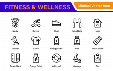 Set of fitness and wellness related line icons, wellbeing, mental health, healthcare, cosmetics, spa, medical. Outline icon collection.
