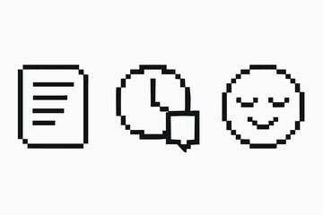 Fototapeta premium Pixel art icons of document, clock, and smiley face vector icon isolated illustration