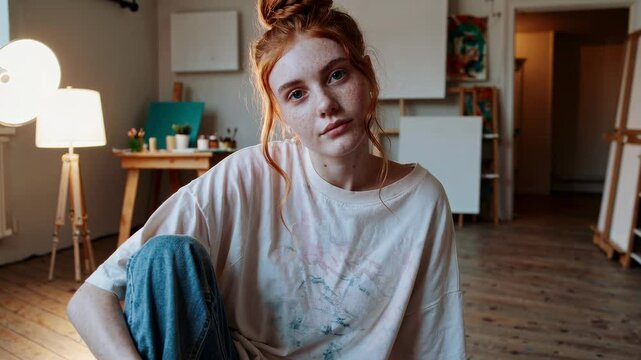 Red-haired woman in an artist's studio wearing a paint-stained oversized T-shirt and ripped jeans, sitting on the floor. A creative and raw mood captured with natural lighting, ideal for artistic, boh